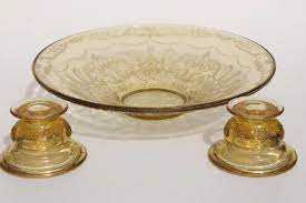 Vintage Amber Yellow Depression Glass Madrid Candle Holders Flower Bowl Depression glasses are glass wares that were mass produced during the depression era. vintage amber yellow depression glass