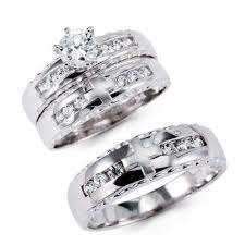 14k White Gold Cross Engagement Promise Bridal Wedding Bands Trio 3 Ring Set White Gold Cross Wedding Bands Wedding Ring Bands