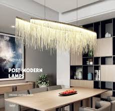 This linear fixture boasts a metal framework holding glass elements. Post Modern Rectangle Aluminum Tassel Linear Chandelier Dining Room Kitchen Pendant Light Fixture Buy Post Modern Rectangle Aluminum Tassel Linear Chandelier Dining Room Kitchen Pendant Light Fixture Pendant Lamps Product On Alibaba Com
