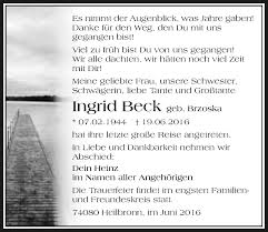 Ingrid mariana bekinschtein (buenos aires, 11 de agosto de 1969), más conocida como ingrid beck es una periodista, escritora y activista feminista argentina. Traueranzeigen Von Ingrid Beck Www Trauerundgedenken De