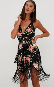 Black Floral Tassel Hem Midi Dress Dresses Online Dress Shopping Fashion