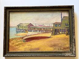 ERNEST ELWOOD PERRY PAINTING ANTIQUE MASSACHUSETTS COAST PIER HISTORIC  LISTED