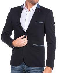 On trouve deux poches plaquées à la taille, une poche de poitrine et quatre poches intérieures passepoilées. Blazer Homme Bleu Marine Effet Denim Avec Coudiere