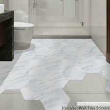 A brick wall with a navy hex tile backsplash and white grout is a bold idea for a contemporary kitchen. 10pcs Set New Imitation Marble Hexagonal Tile Stickers Bathroom Kitchen Diy Home Nonslip Floor Tiles Stickers Wish