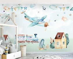 Bugün erkek bebek odaları için mavi tonlarında duvar kağıdı modellerini tanıtıyorum. Ucak Ve Tren Cocuk Odasi Duvar Kagidi 33 05 Tl Kdv