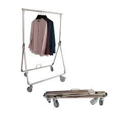 This clothing rack features a handsome reclaimed wood base that can doubles as shoe storage/display. French Compact Collapsible Rolling Rack Acme Display