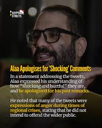 Alaa Abd El Fattah, a well-known British-Egyptian campaigner who was just  released from prison by the Egyptian president, has expressed regret over  contentious tweets that have surfaced since he arrived in the