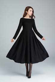 Boat Neck Wool Dress In Black Pleated Midi Dress Winter Etsy Winter Dresses Winter Party Dress Pleated Midi Dress