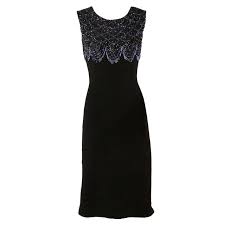 1960s Vintage Black Wool Knit Cocktail Dress With Iridescent Blue Beading Vintage Dresses 1960s Knit Cocktail Dress Evening Dresses Vintage