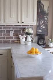 French Country Kitchen Faux Marble Countertops Brick Backsplash My Chic Obsession French Country Kitchen French Country Kitchens Country Countertops
