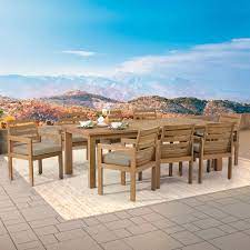 Try a counter height suite with an extension table to save some space, or enrich a cheerful room filled with good food and fun with a transitional 9 piece dining room set. Carey 9 Piece Teak Dining Set Costco