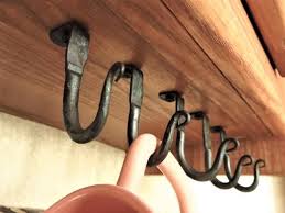 Hand Forged Hooks 5 Under Cabinet Hanging Storage Black Etsy Coffee Mug Holder Home Coffee Stations Coffee Mug Storage