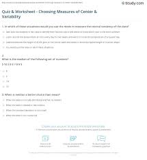 Quiz Worksheet Choosing Measures Of Center Variability Study Com