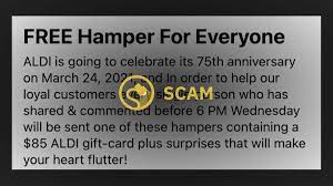 The post above was not from the official facebook page for the aldi grocery. Scam Alert Aldi 75th Anniversary Facebook Giveaway Snopes Com