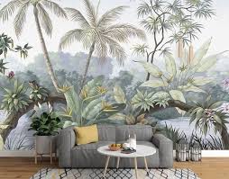 Forest Wallpaper Retro Jungle Wall Mural Lake Landscape Wall Etsy Jungle Wall Mural Tree Wallpaper Mural Wallpaper Walls Bedroom
