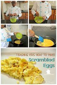 Teaching Kids How To Make Scrambled Eggs Step Stool Chef Kids Cooking Recipes How To Cook Eggs Cooking Kits For Kids