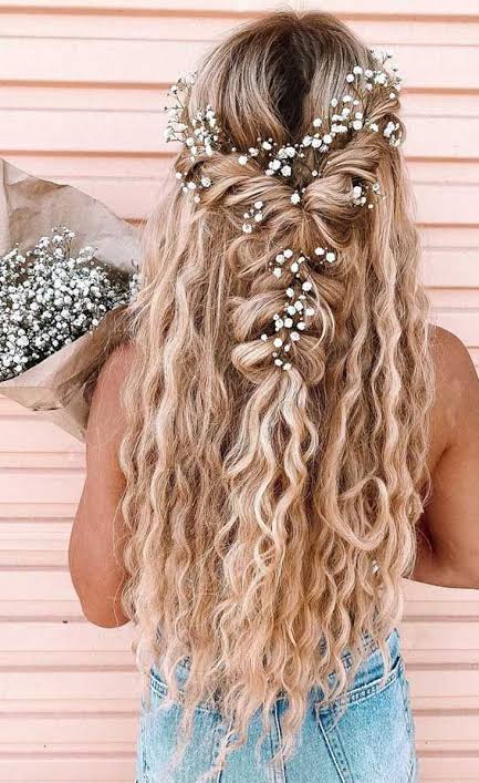 43 Eye-Catching Half Up Hairstyles - Braided half up | Curly boho hairstyles wedding, Wedding hairstyles half up half down bubble braid, Curly boho wedding hair