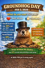 Justin - ????? Monday Feb 2 is Groundhog Day! What do you want Punxsutawney  Phil to say? Vote below: ?? = More Winter FITF ???? = Early Spring ???? ????  Phil's track