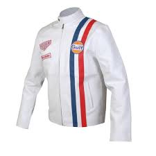Men S Steve Mcqueen Le Mans Gulf Racing White Leather Jacket In 2021 White Leather Jacket Steve Mcqueen Le Mans Jackets