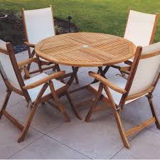 Florida 5 Piece Teak Patio Dining Set W 47 Inch Round Folding Table By Royal Teak Collection White Sling Bbqguys In 2020 Round Dining Table Sets Patio Dining Set Round Folding Table