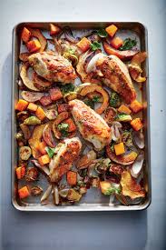 We Give The Large Bone In Breasts A Head Start In The Oven So They Will Be Perfectly Cooked By The Time The Veg Recipes Sheet Pan Recipes Cooking Light Recipes
