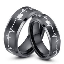 Heart Beats Black Titanium Rings Unique Matching Wedding Bands His And Hers Matching Promise Rings Tungsten Wedding Bands Heart Beat Ring