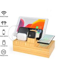 Bamboo Wireless Charger Station With 4 Usb Ports Wooden Etsy In 2020 Wooden Charging Station Charger Station Wireless Charger