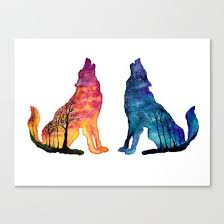 Day Night Wolves Canvas Print By Demasiadomar Animal Art Wolf Painting Cute Drawings
