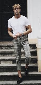 Black And White Checkered Pants Outfit Men Kevin Pabel Summer Outfit Inspiration With A White T Shirt Gray Plaid Windowpane Trousers Silver Banded Watch No Show Socks Black Leather Shoe Kleding Kleren