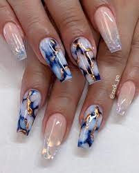 Marble Dark And Light Blue Gold Stripes Pink Ombre Coffinnails Summer Acrylic Nails Nail Designs Summer Acrylic Gorgeous Nails