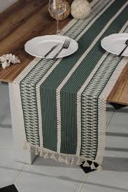Tropikhome Yeşil Örme Runner Organik Pamuk Dantel Örme Püsküllü Runner  35×155 Cm Regina Runner Masa Örtüsü TYC00688449845