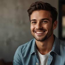 Happy man a boy in white has two hands