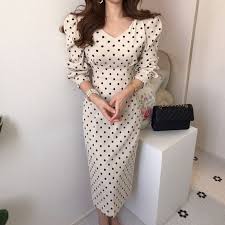 dot puff sleeve dress ドットワンピース パフスリーブ お嬢様ワンピース 大人フェミニン 大人可愛い 韓国風ワンピース 春秋コレクション ミディ丈ワンピース fee lulu 流行のドレス ドットドレス 大人ワンピース
