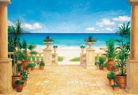 Fototapete Motivtapete Bildtapete Wall Mural Terrace Landscape Terrasse Zum Meer Blumen Karibik Sudsee Strand Gemald Fototapete Wandbild Wand Wandgemalde Ideen