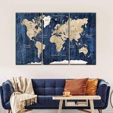 World Map On Wooden Wall Multi Panel Canvas Wall Art In 2021 World Map Decor Wall Canvas World Map Wall Art