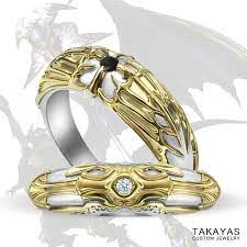 Final Fantasy S White Mage Bahamut Inspired Wedding Band Set Wedding Band Sets Fantasy Ring Fantasy Necklace
