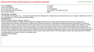 Quality assurance officer cover letter sample. Quality Assurance Manager Application Letter