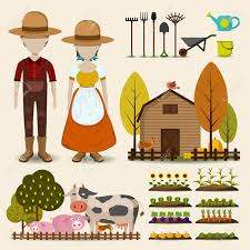 Farming Agriculture And Cattle Icon Collection Set Consists Of Male Female Farmer Uniform Clothing Retro Wooden Barn Cow Pig And Chicken Animal Livestock And