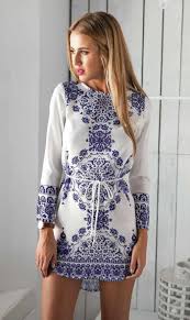 Spring Summer Style Apparel Blue And White Porcelain Print Tunic Dress Three Quarter Sleeve Sashes Loose Vintage Vintage Print Dress Casual White Dress Fashion