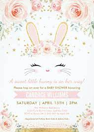 Pretty Bunny Girl Baby Shower Blush Gold Rabbit Invitation Baby Shower Girls Template Pr Convite De Aniversario Decoracao Festa Infantil Batismo De Bebe