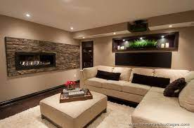 Modern Basement With Stone Fireplace Cozy Basement Basement Fireplace Basement Remodel Diy
