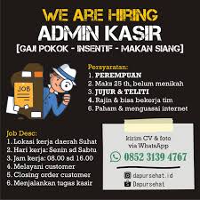 Check spelling or type a new query. Loker Lowongan Kerja Admin Kasir Dapur Sehat Di Suhat Malang Kpop Squad Media All About K Pop And Intermezzo