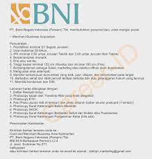 Bagi perusahaan maupun pemberi informasi lowongan kerja, saat ini anda dapat memasang iklan. Lowongan Kerja Balikpapan Pt Bank Negara Indonesia Persero Tbk Sebagai Merchant Business Acquisition Lulusan S1 Semua Jurusan Rekrutmen Lowongan Kerja Bulan Maret 2021