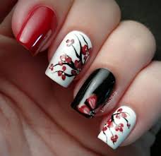 Black And Red Nail Art Ideas Black Red And White Nails With Red Flowers Cherry Blossom Nails Floral Nails Nail Art Designs