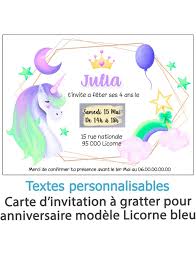 Et si vous cherchez comment organiser un anniversaire enfant : Carte D Invitation Anniversaire A Gratter Licorne Bleu