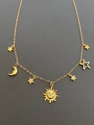 Gold Moon And Stars Necklace Dainty Celestial Necklace Etsy Star And Moon Necklace Star Necklace Sun And Moon Necklace