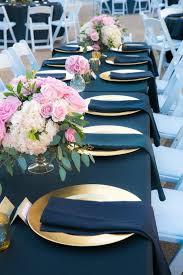 Gold Navy Wedding Reception Place Setting Idea Navy Table Linens Gold Plates Reception Place Settings Wedding Reception Place Settings Wedding Colors Blue
