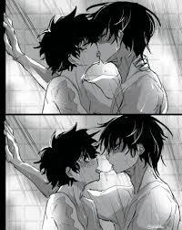 midoriya izuku, todoroki shouto, boku no hero academia, bones (company),  shounen jump, bad tag, bath, blush, closed eyes, curly hair, freckles, hug,  indoors, kiss, looking at another, multicolored hair, nude, saliva traol,