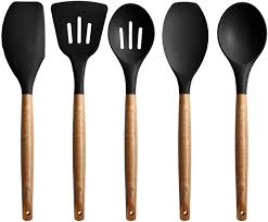 Maybe you would like to learn more about one of these? Amazon Com Miusco Non Stick Silicone Kitchen Utensils Set With Natural Acacia Hard Wood Handle 5 Piece Black Bpa Free Baking Serving Silicone Cooking Utensils Home Kitchen