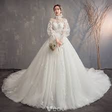 Vintage Retro Ivory See Through Wedding Dresses 2019 Ball Gown High Neck Puffy Long Sleeve Backless Appliques Lace Cathedral Train Ruffle Backless Wedding Dress Ball Gowns Wedding High Neck Wedding Dress